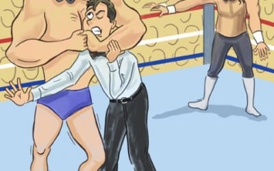 WrestleMania 7 Blindfold Match Rick Martel Jake Roberts Cartoon Illustration