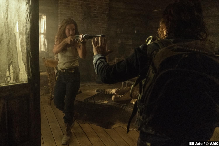 The Walking Dead S10e18 Lynn Collins and Norman Reedus as Leah and Daryl