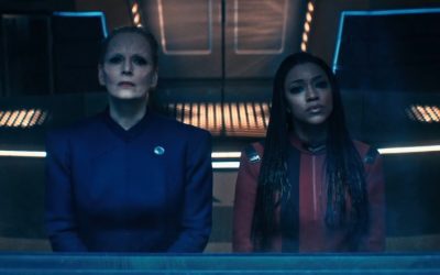 Star Trek Discovery S04e10: Chelah Horsdal and Sonequa Martin-Green as President Rillak and Captain Burnham